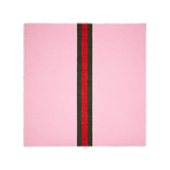 NWT GUCCI PINK WOOL GG SCARF WITH GREEN & RED WEB 55in x 55in IN BOX - Picture 1 of 16